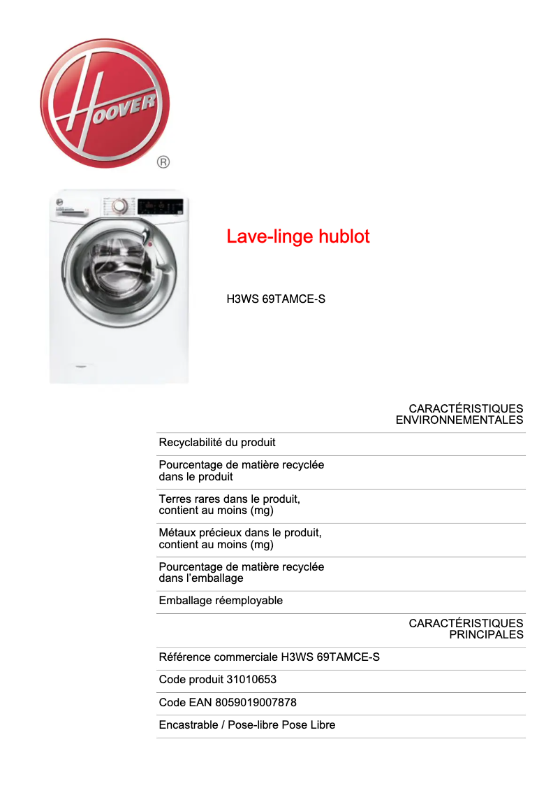 Page n°1 - Fiche technique Hoover H3WS 69TAMCE-S