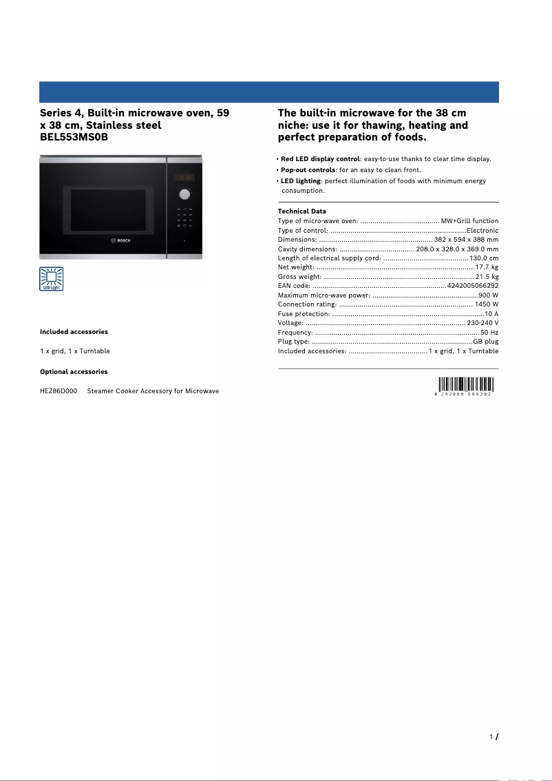 Page 1 de la notice Fiche technique Bosch Serie 4 BEL553MS0B
