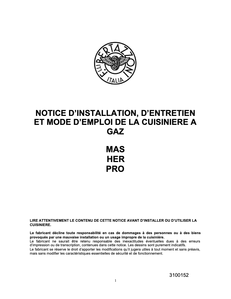 Page 1 de la notice Manuel utilisateur Bertazzoni PRO106L2ENET