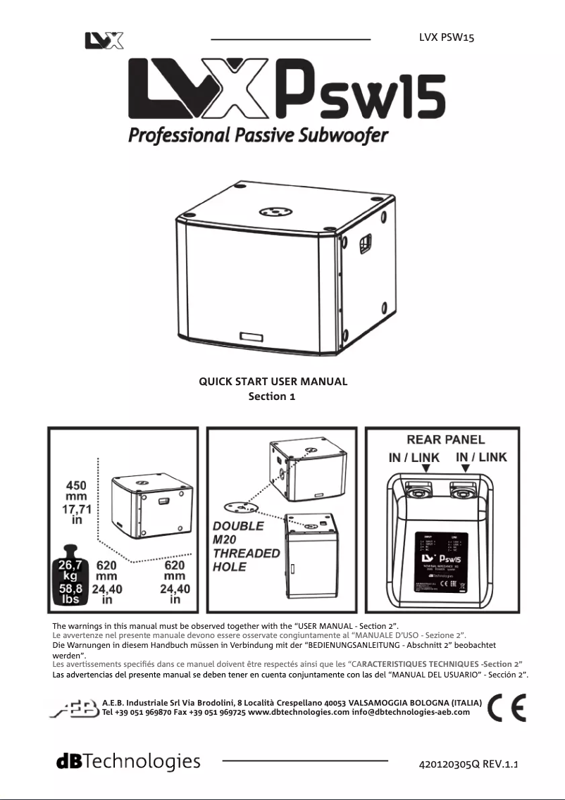 Page 1 de la notice Manuel utilisateur DB Technologies LVX PSW15
