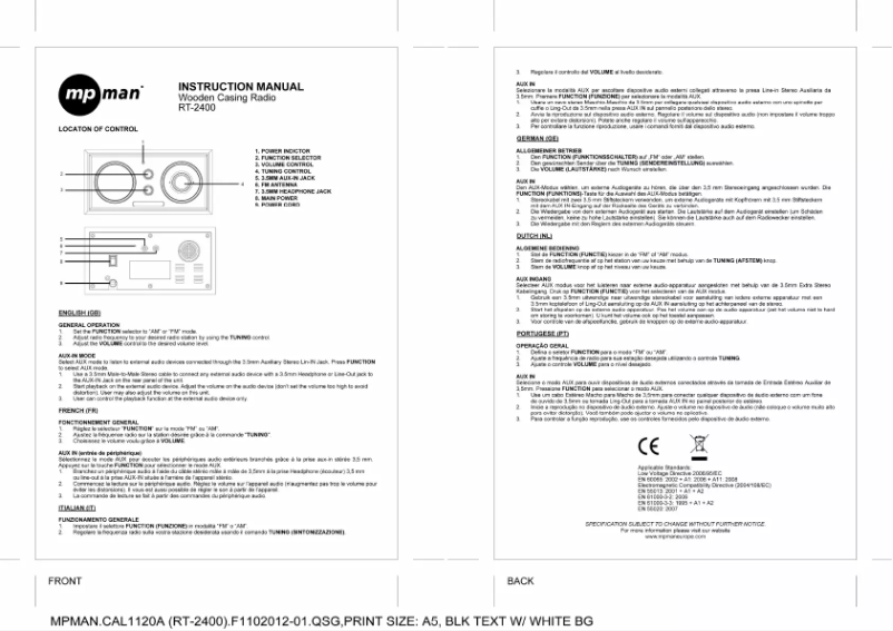 Page 1 de la notice Manuel utilisateur Mpman RT2400