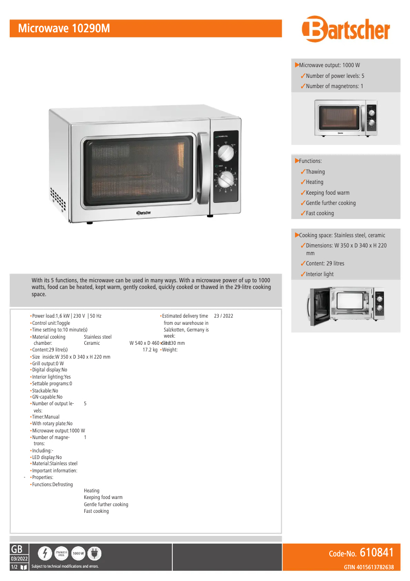 Page 1 de la notice Fiche technique Bartscher 10290M
