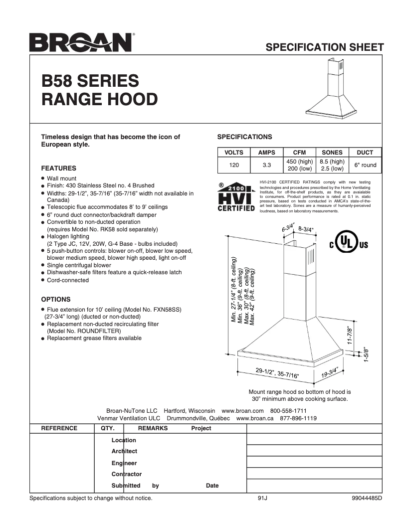 Page 1 de la notice Fiche technique Broan B5836SS