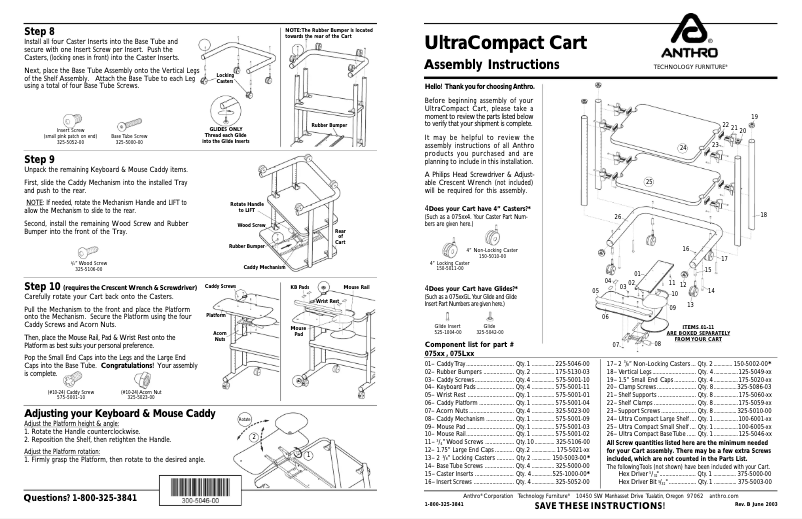 Page 1 de la notice Manuel utilisateur Anthro UltraCompact Cart