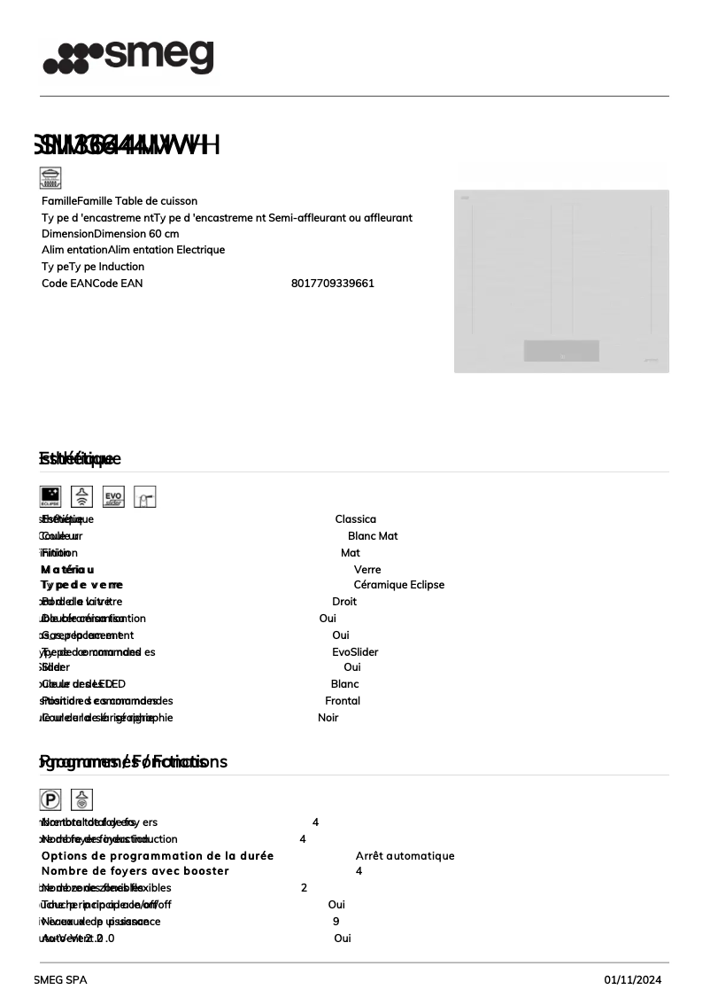 Page 1 de la notice Fiche technique Smeg SIM3644MWH