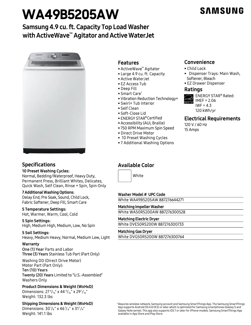 Image de la première page du manuel de l'appareil WA49B5205AW