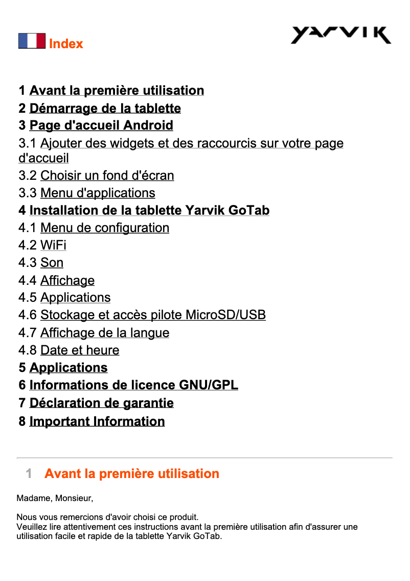 Page n°1 - Manuel utilisateur Yarvik Luna 8"