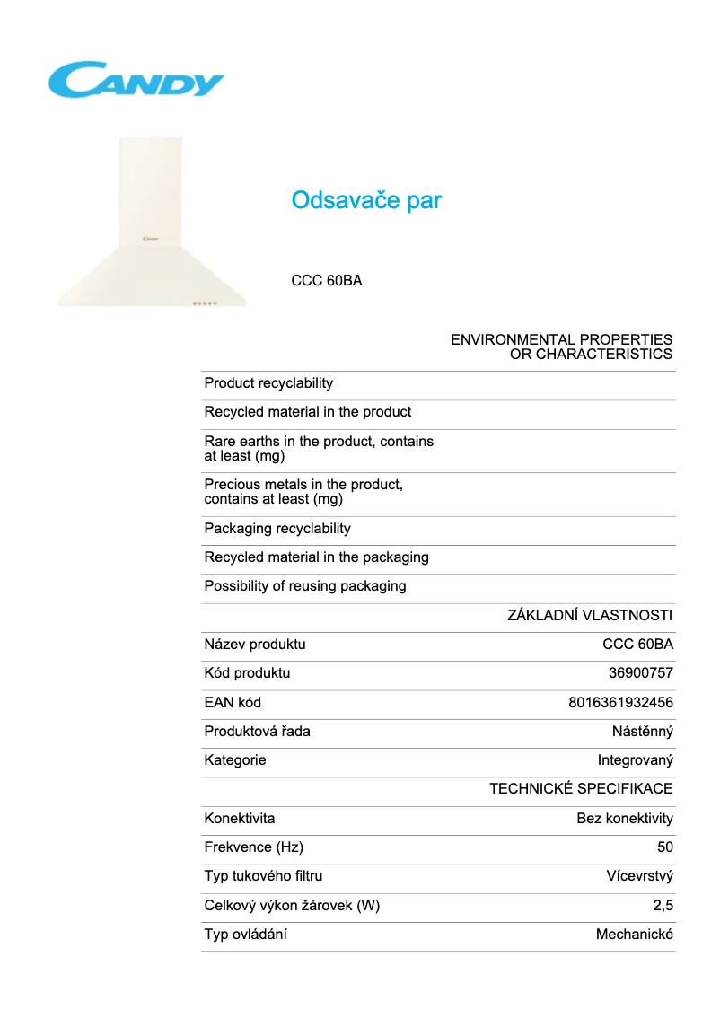 Page 1 de la notice Fiche technique Candy CCC 60BA