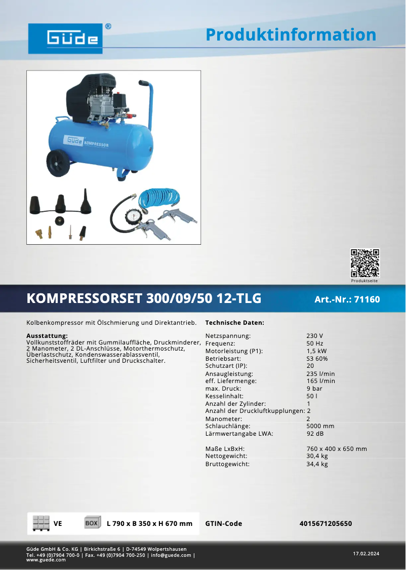 Page 1 de la notice Fiche technique Güde 300/09/50 12-TLG