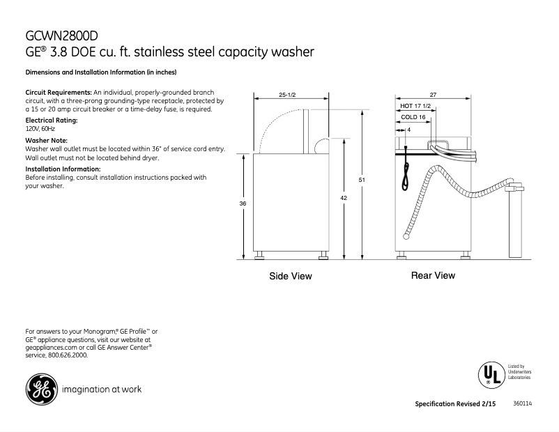 Página 1 del manual Ficha técnica GE GCWN2800DWW