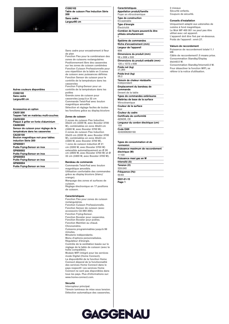 Page 1 de la notice Fiche technique Gaggenau CI292102