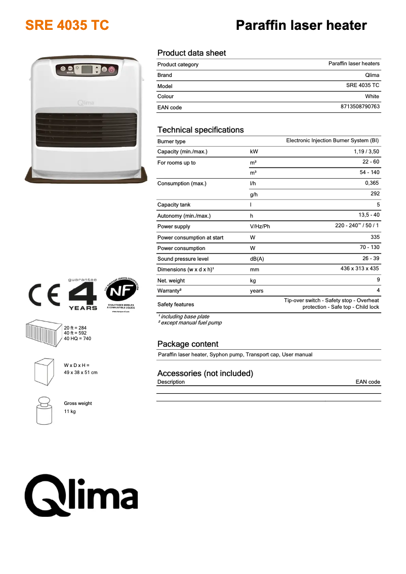 Page n°1 - Fiche technique Qlima SRE4035TC