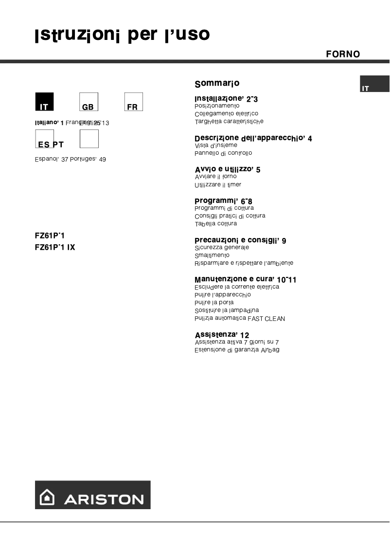 Page 1 de la notice Manuel utilisateur Ariston Thermo FZ61P.1 IX