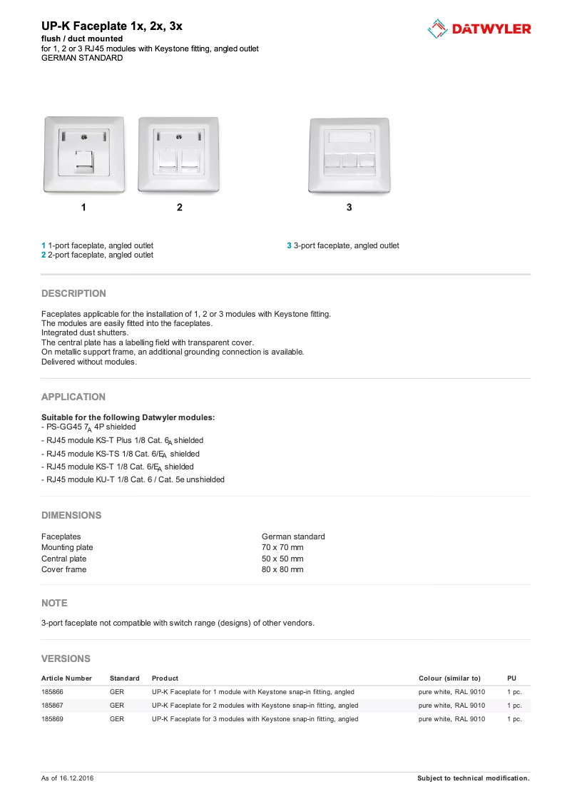 Page 1 de la notice Manuel utilisateur Dätwyler UP-K