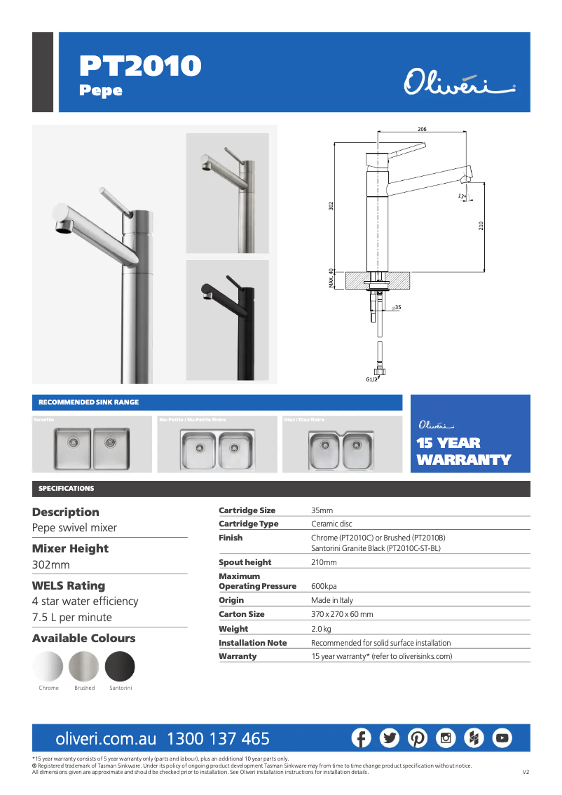 Página 1 del manual Ficha técnica Oliveri PT2010B