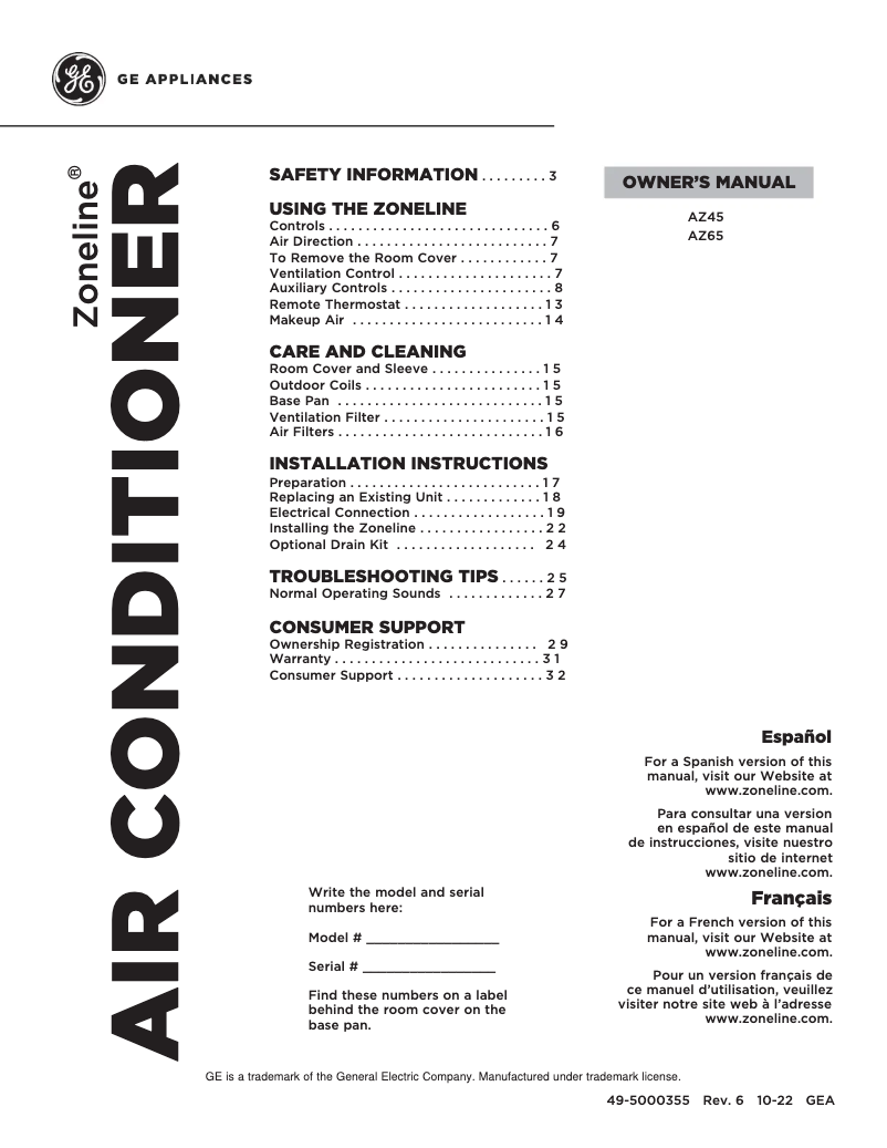 Page 1 de la notice Manuel d'utilisation et d'entretien GE AZ65H15DQC