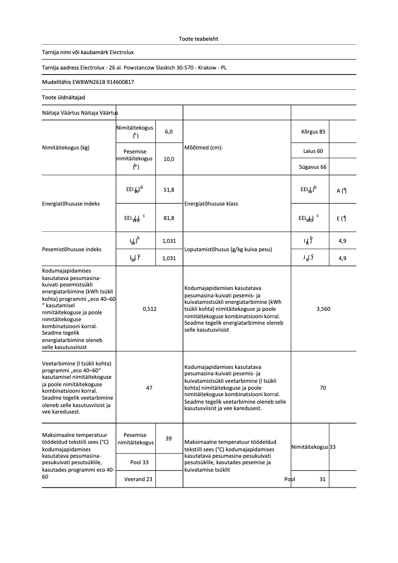 Page n°1 - Fiche technique Electrolux EW8WN261B