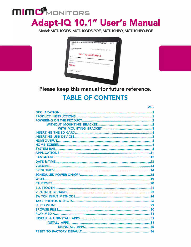 Page n°1 - Manuel utilisateur Mimo Monitors Adapt-IQ MCT-10QDS-POE