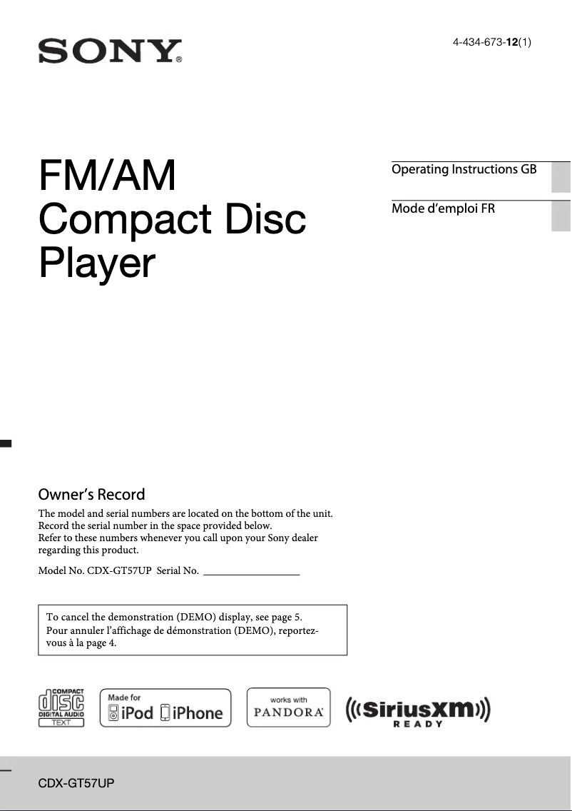 Page 1 de la notice Manuel utilisateur Sony CDX-GT57UP