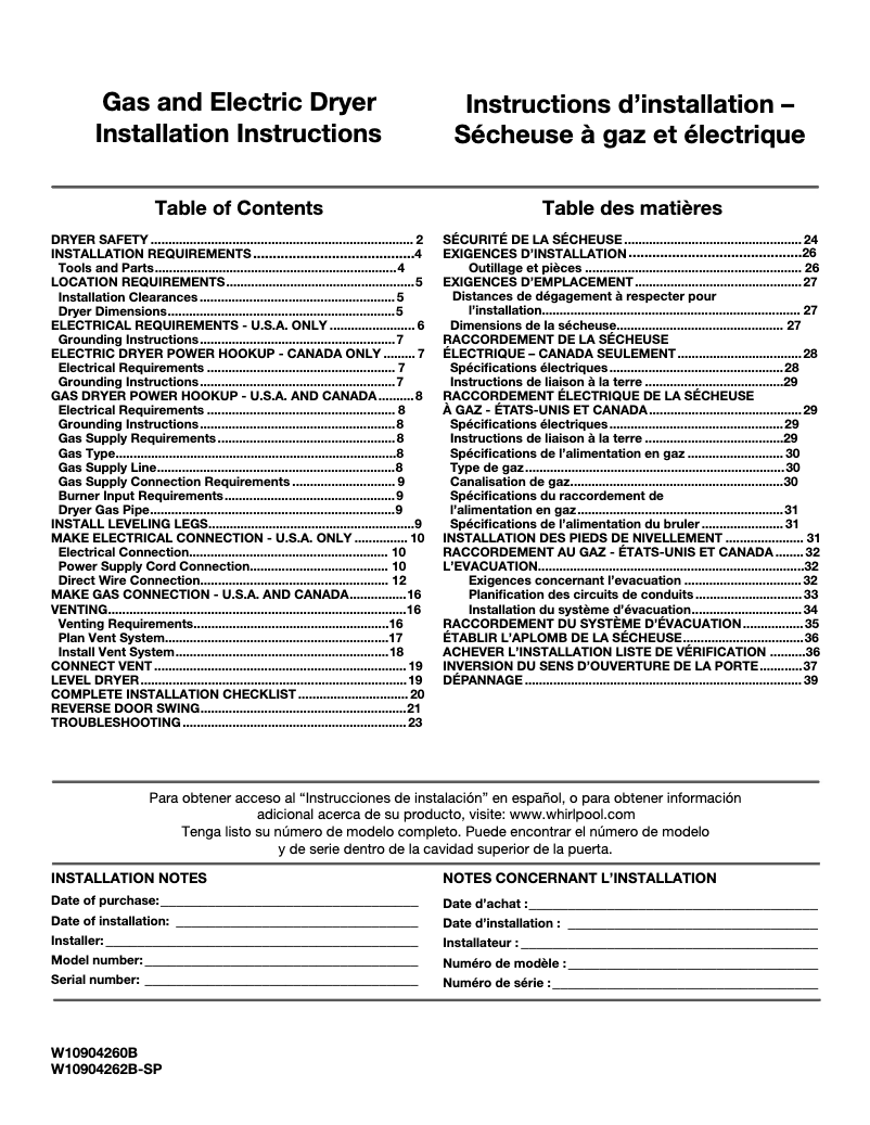 Page n°1 - Guide d'installation Whirlpool WGD7500G