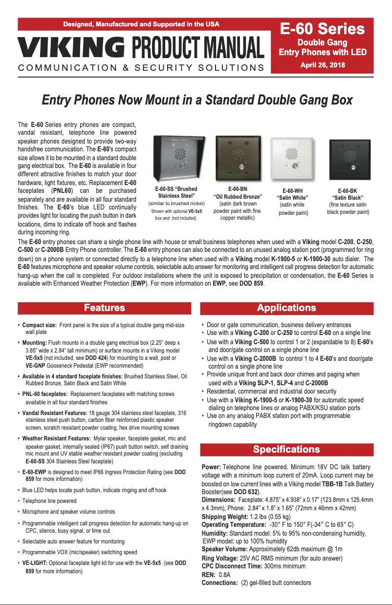 Page 1 de la notice Manuel utilisateur Viking E-60-WH