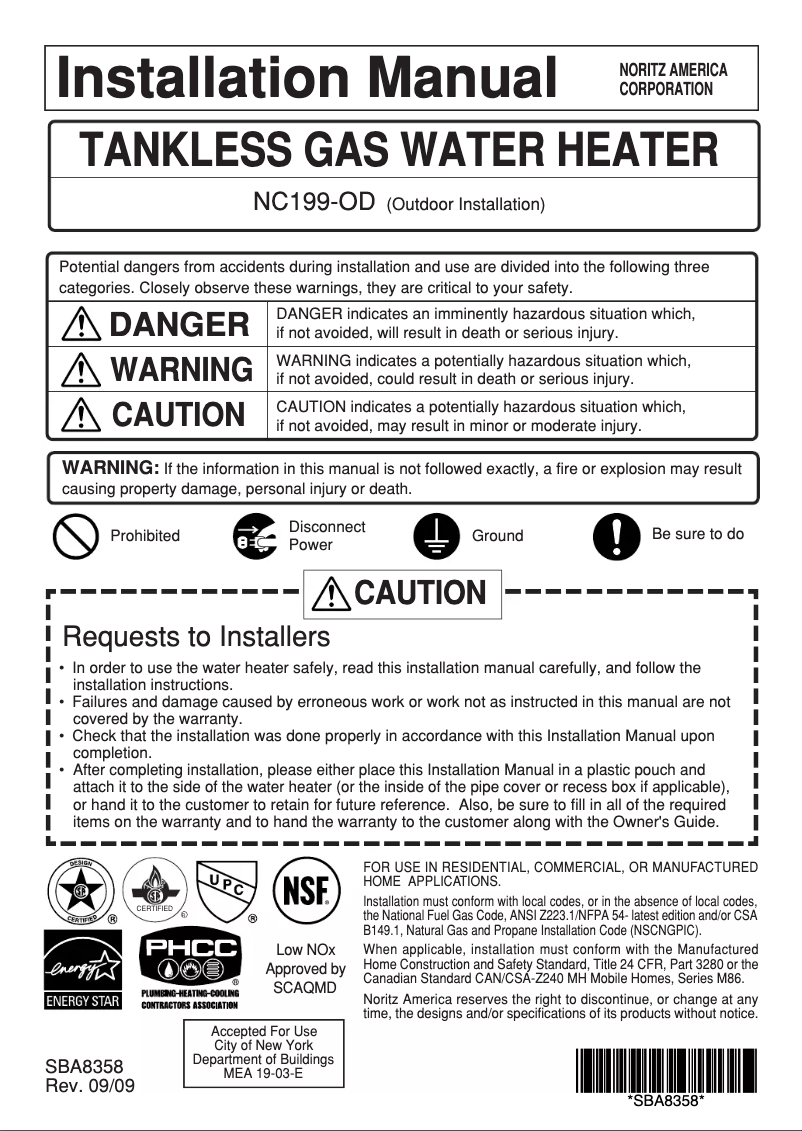 Page 1 de la notice Guide d'installation Noritz NC199OD