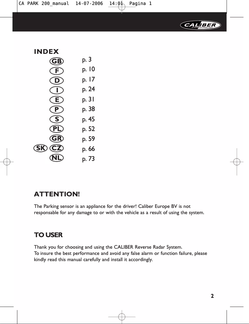 Page 1 de la notice Manuel utilisateur Caliber Park 200