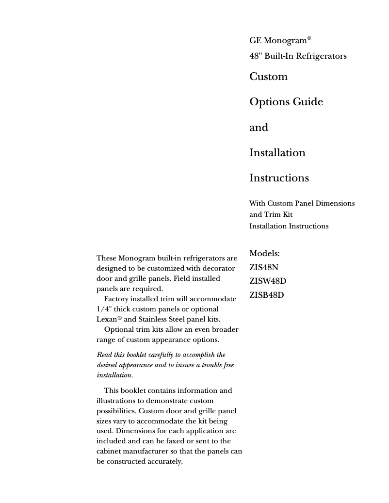 Page 1 de la notice Manuel utilisateur GE ZWBP48