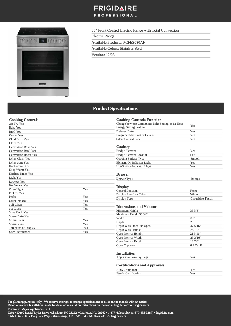 Page n°1 - Fiche technique Frigidaire PCFE3080AF