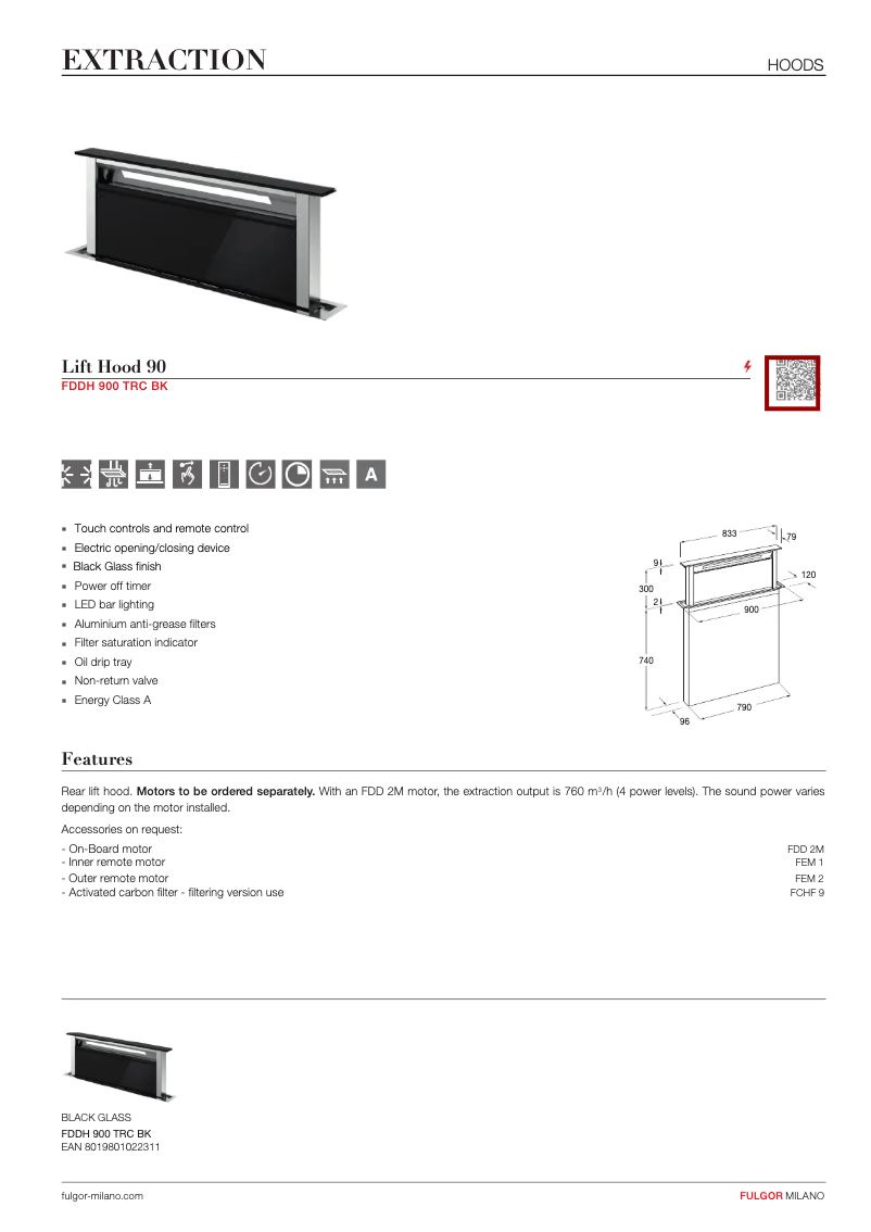 Page 1 de la notice Fiche technique Fulgor Milano FDDH 900 TRC BK