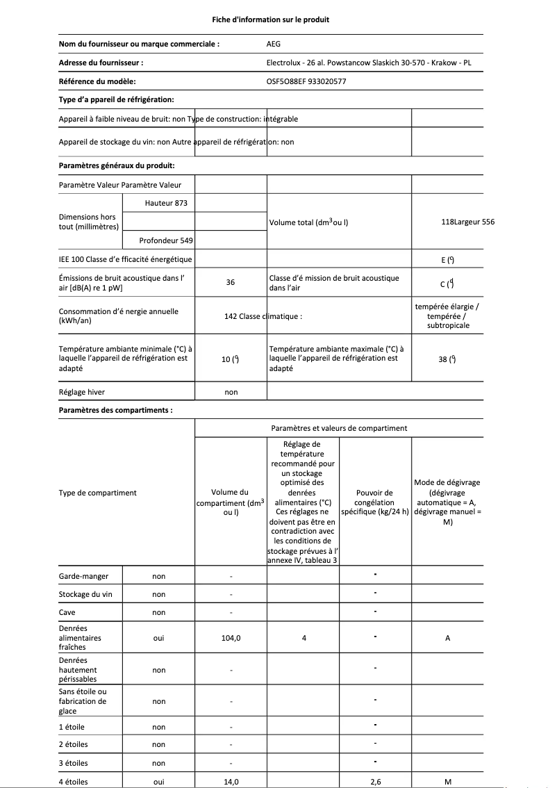 Página 1 del manual Ficha técnica AEG OSF5O88EF