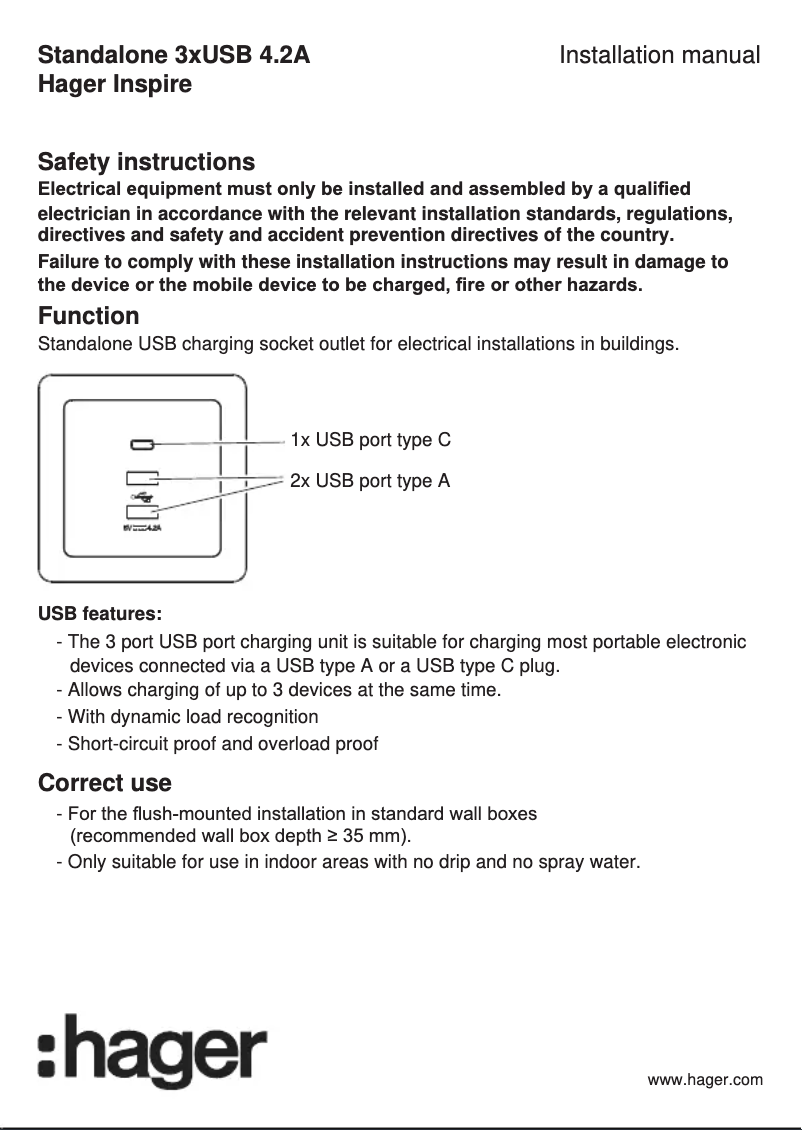 Page n°1 - Manuel utilisateur Hager WGCXS3USBKB