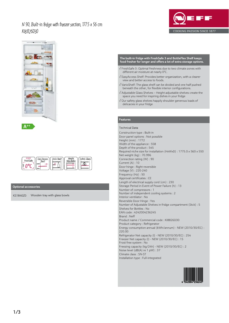 Page 1 de la notice Fiche technique Neff KI8826D30