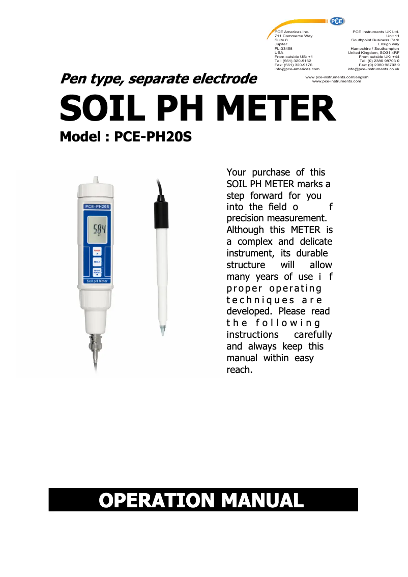 Page n°1 - Manuel utilisateur PCE Instruments PCE-PH20S