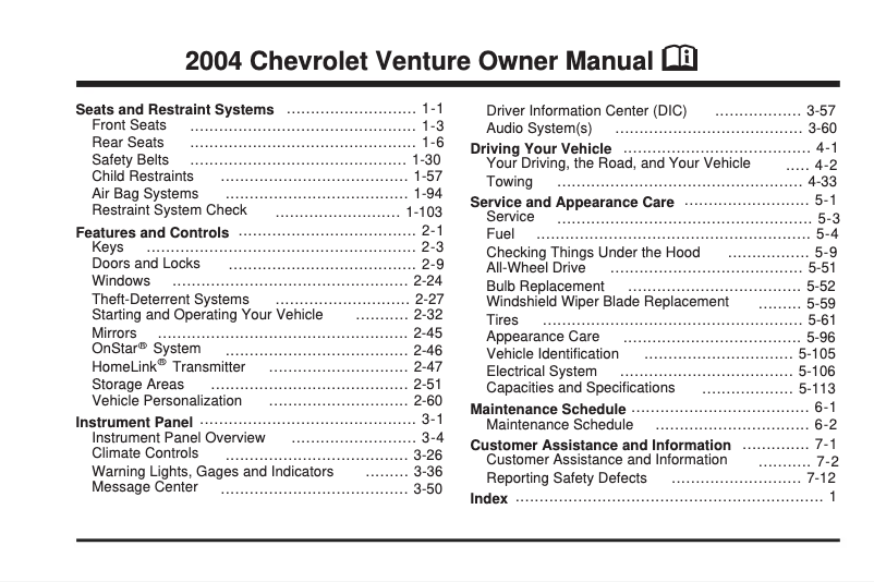 Page 1 de la notice Manuel utilisateur Chevrolet Venture (2002)