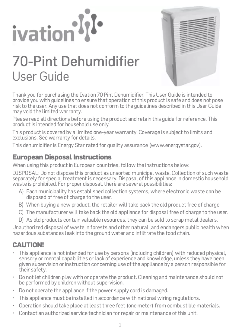 Page n°1 - Manuel utilisateur Ivation IVALDH70PW