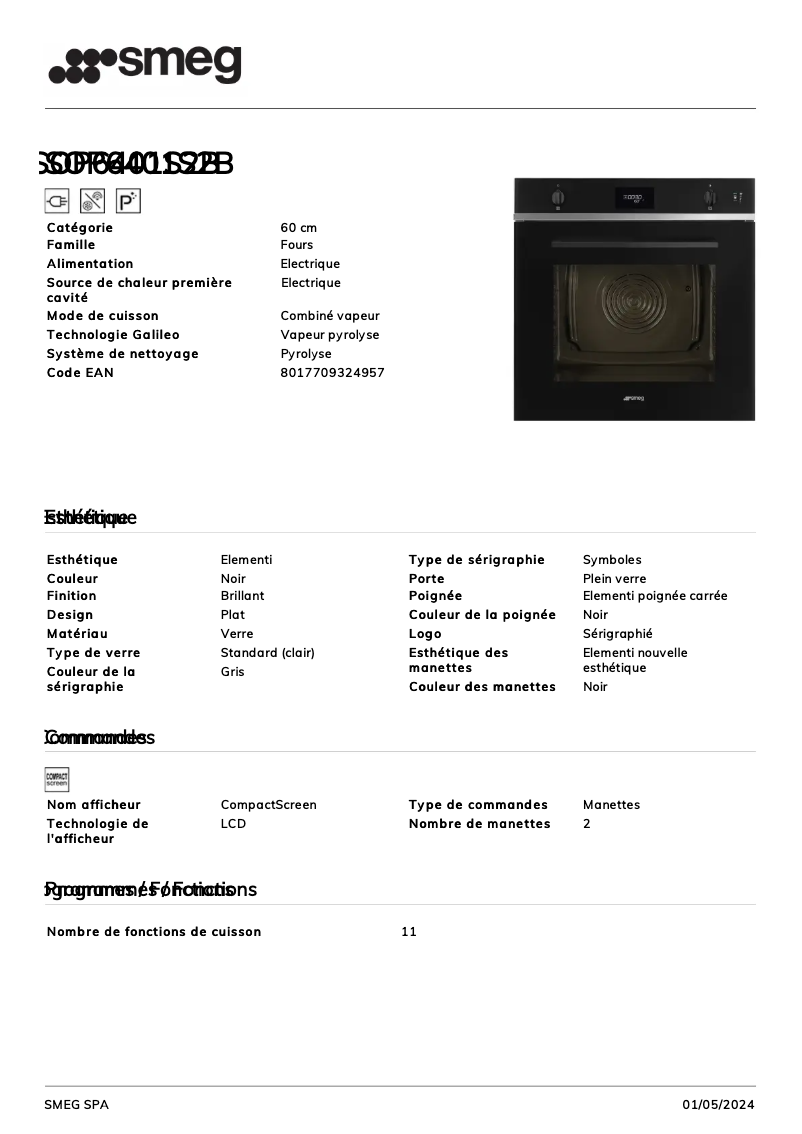 Página 1 del manual Ficha técnica Smeg SOP6401S2B