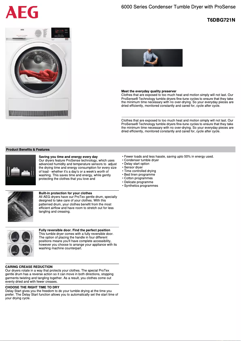 Page 1 de la notice Fiche technique AEG T6DBG721N