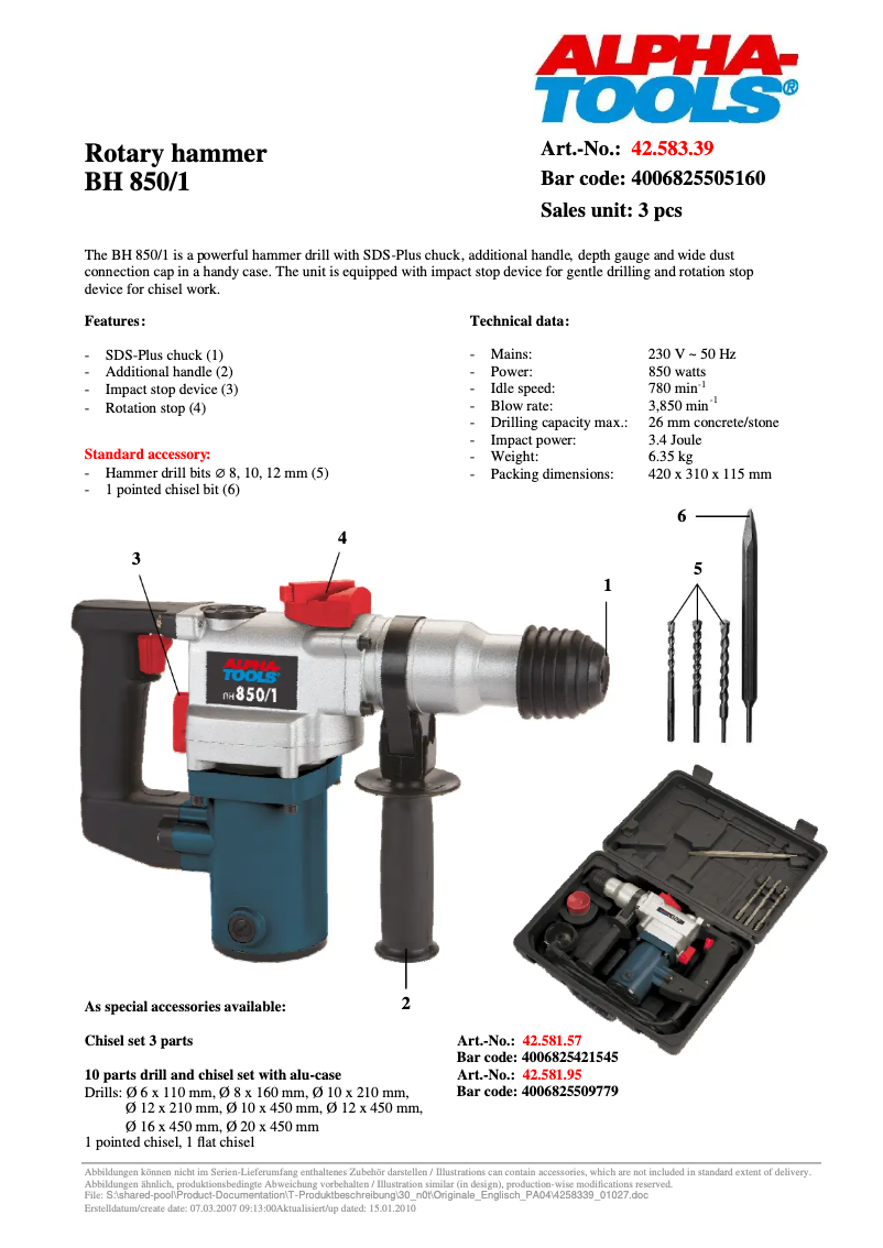 Page 1 de la notice Fiche technique Alpha Tools BH 850/1