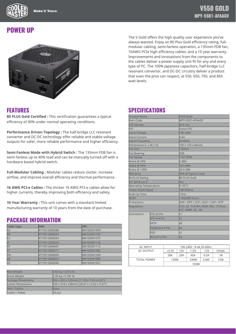 Page 1 de la notice Fiche technique Cooler Master V550 Gold