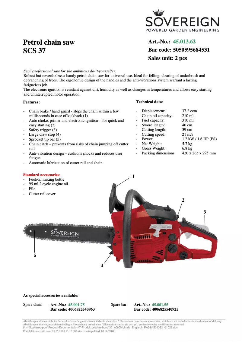 Page 1 de la notice Fiche technique Sovereign SCS 37/1