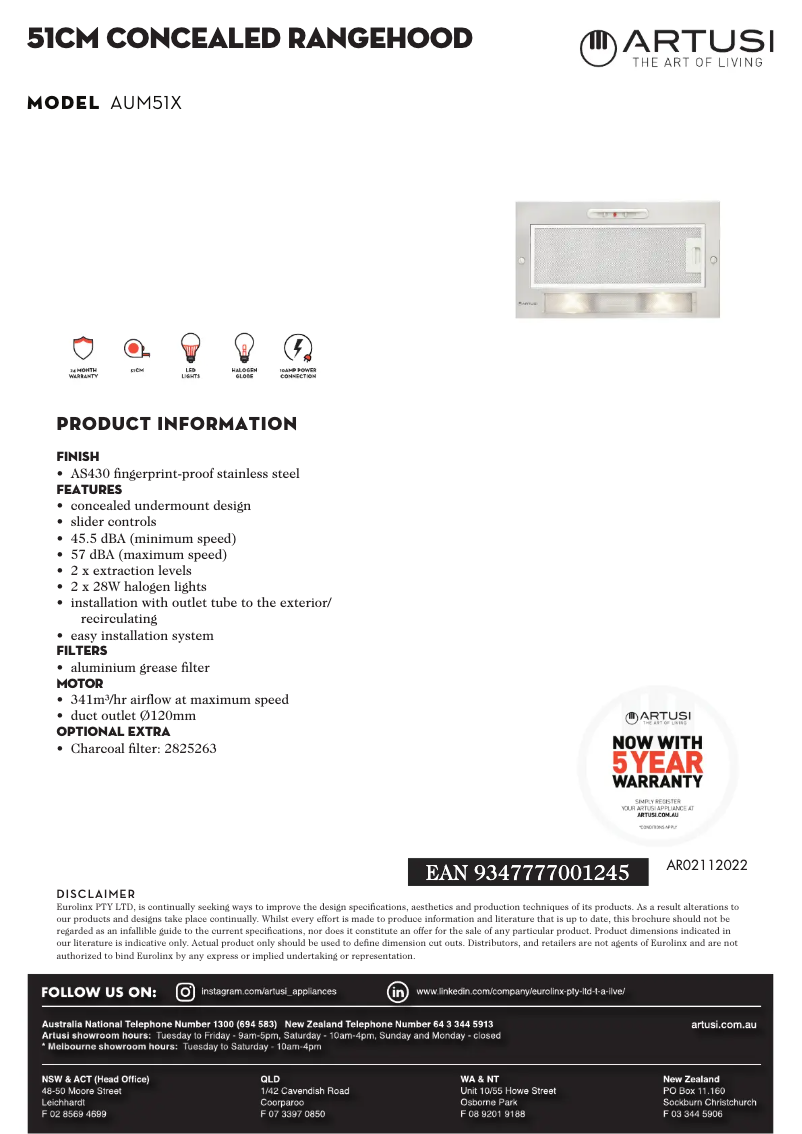 Page 1 de la notice Fiche technique Artusi AUM51X