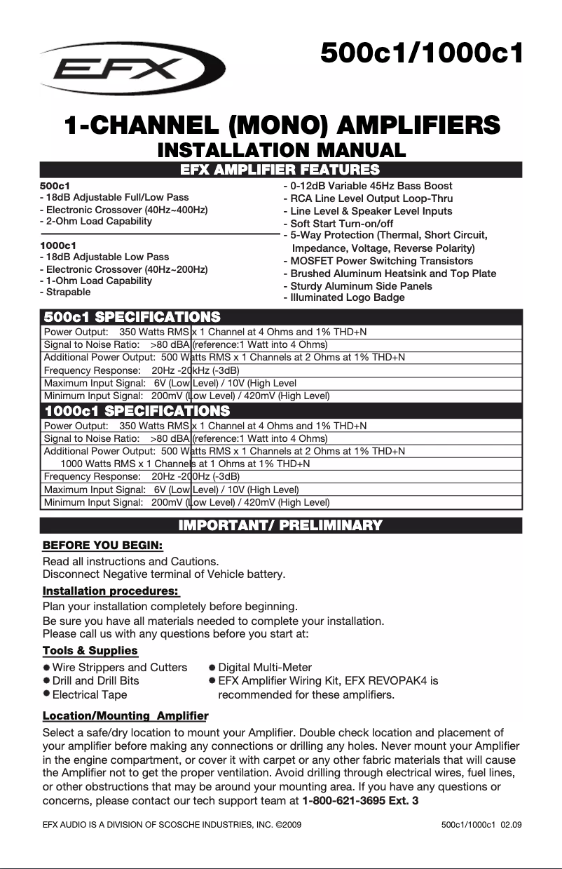 Page n°1 - Manuel utilisateur Scosche EFX Mono Amplifier