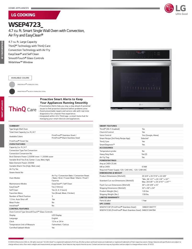 Page 1 of the manual Technical Sheet LG WSEP4723D
