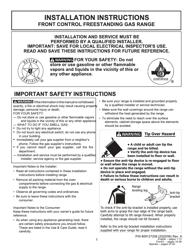 Page n°1 - Guide d'installation Frigidaire PCFG3078AF