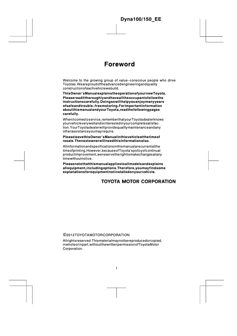 Page 1 de la notice Manuel utilisateur Toyota Dyna (2012)