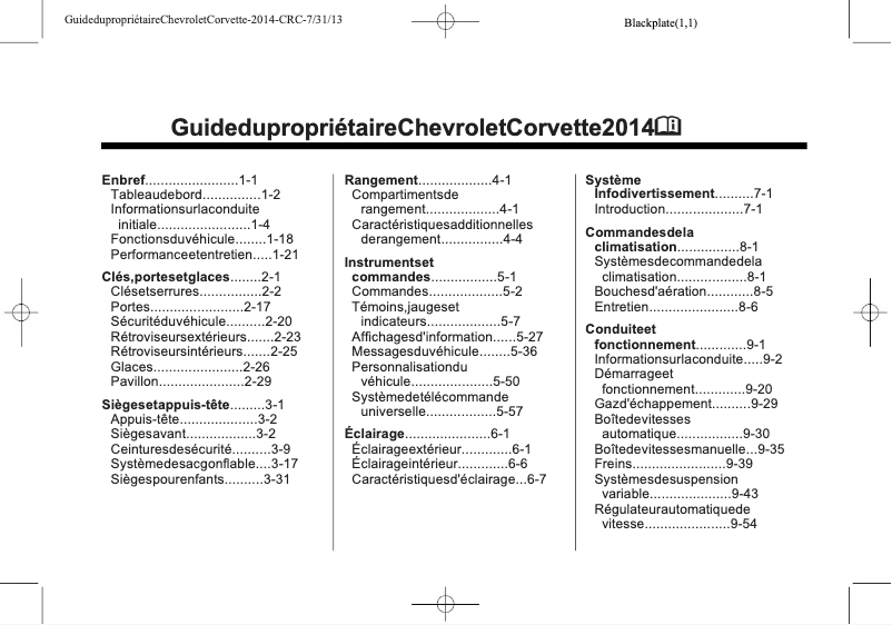 Page 1 de la notice Manuel utilisateur Chevrolet Corvette (2014)