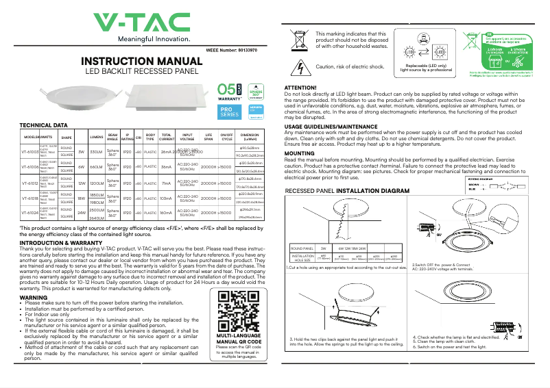Page 1 de la notice Manuel utilisateur V-TAC VT-61024