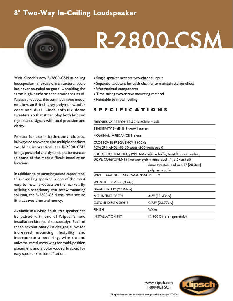 Page n°1 - Fiche technique Klipsch R-2800-CSM