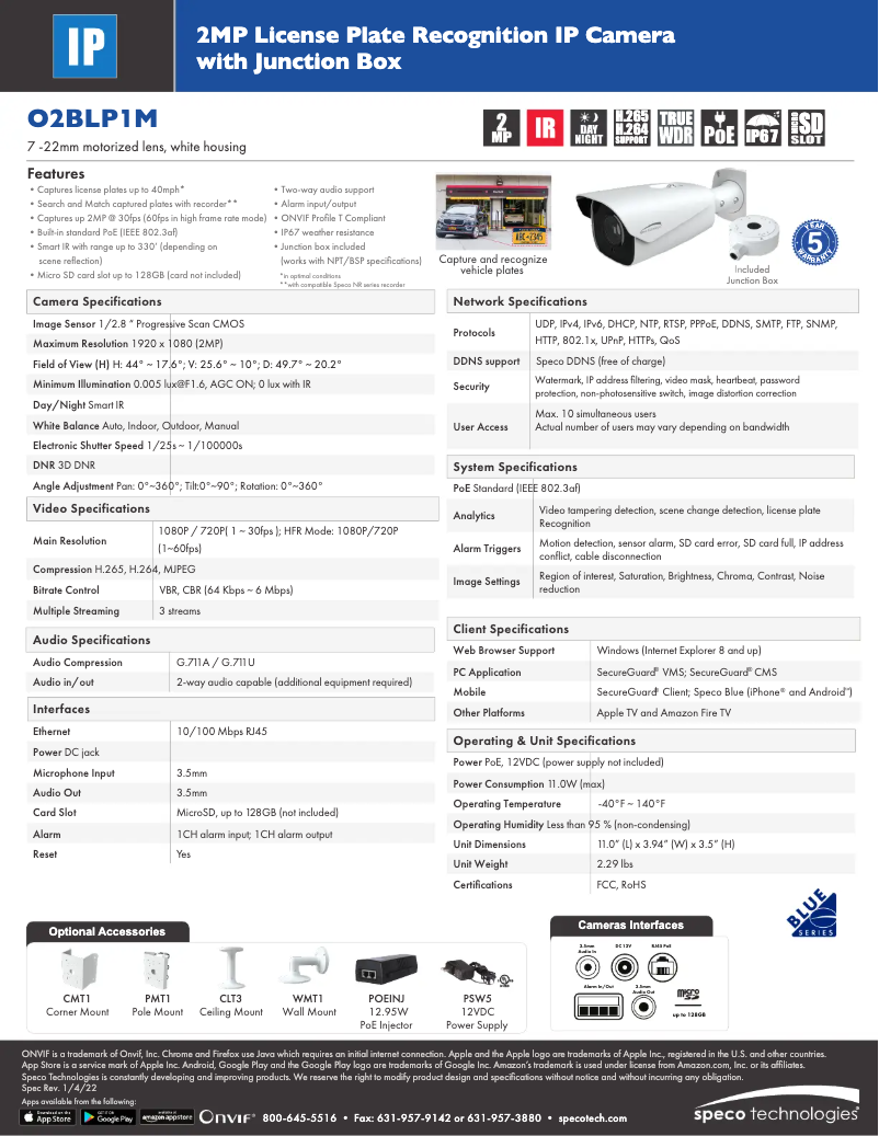 Page 1 de la notice Fiche technique Speco Technologies O2BLP1M